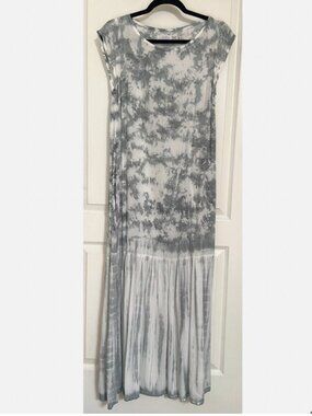 Gaya Blue Gray Tie Dye Cap Sleeve Whimsical Maxi Dress w/ Pockets Travel S FX1
